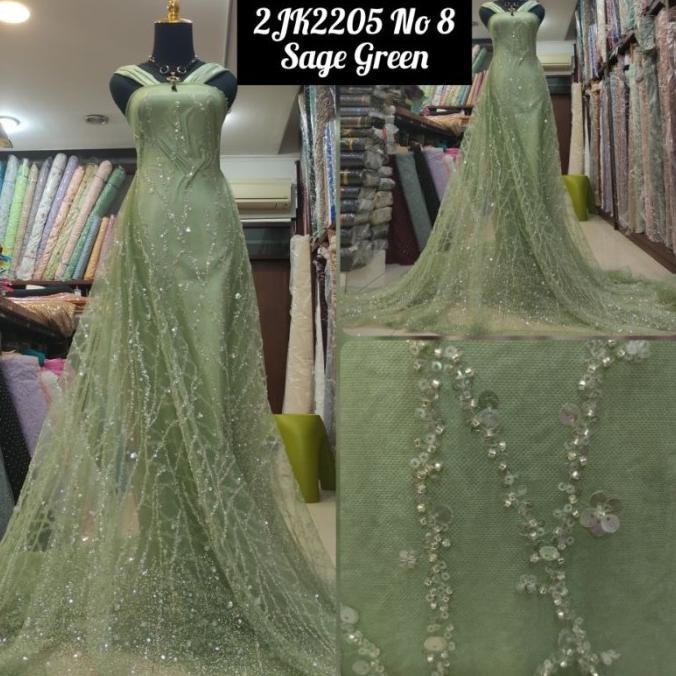 langsung order saja] Kain Tile Brokat Payet Akar Zuhair Sequin 2JK2205 No 8 Sage Green.