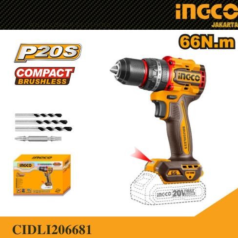 Bor Impact Baterai 20V P20S Brushless Impact Drill (66Nm 13mm) INGCO CIDLI206681 Bor Compact Cordles