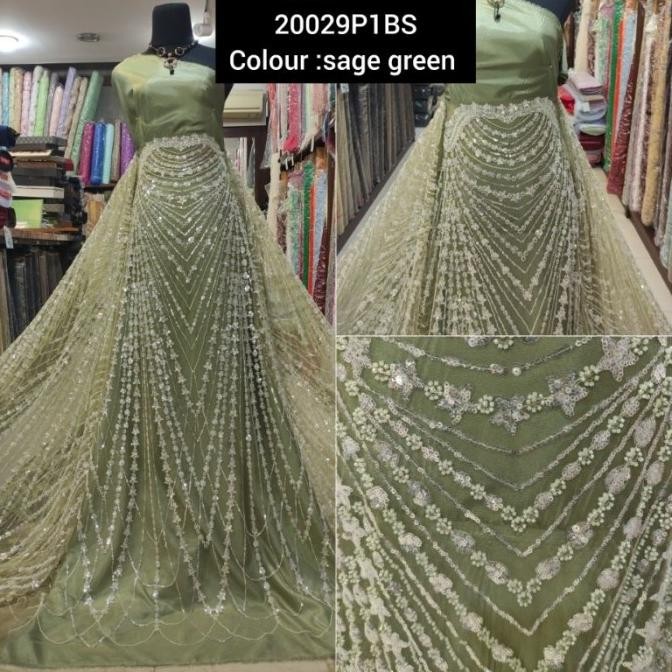 Buruan beli] Kain Dress Tile Zuhair Batu Payet Ivana Bridal Import Sage green