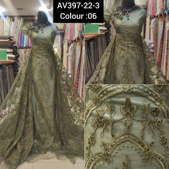 langsung order saja] Kain Tile Brokat Etnik Payet Batu Akar Bridal AV397-22-3 hijau Olive