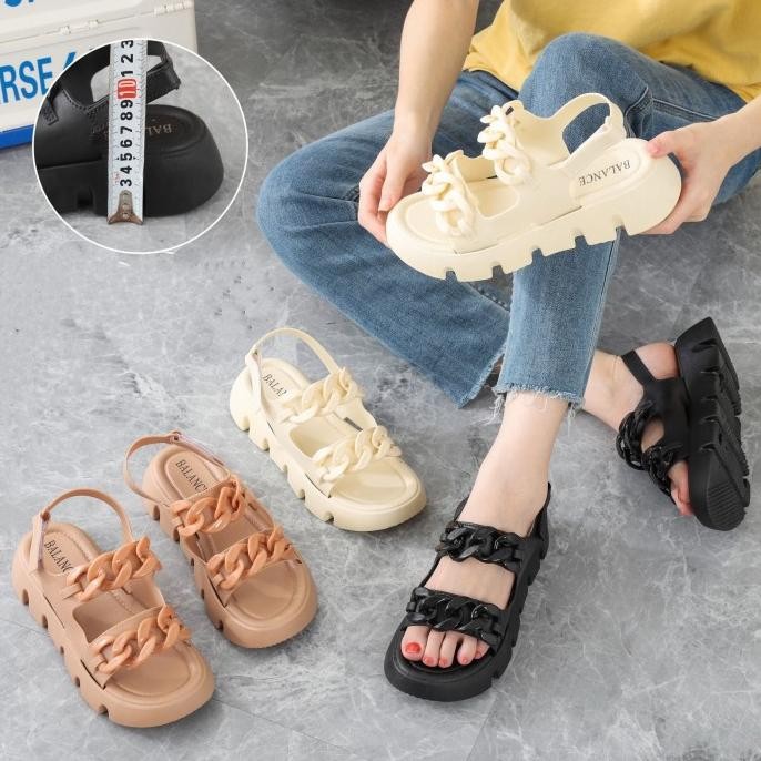 SANDAL WANITA WEDGES BAN 2 KARET TEBAL MOTIF RANTAI TALI BELAKANG 2312