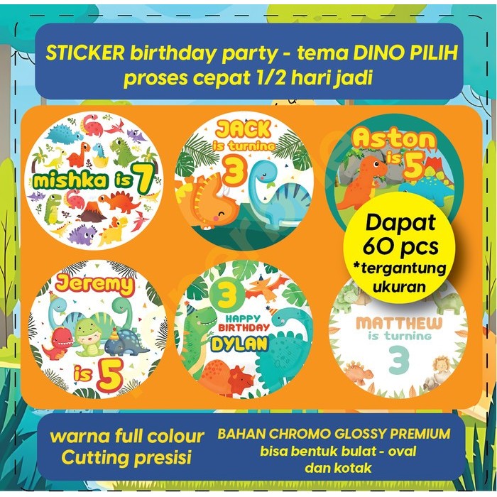 label stiker DINO PILIH Ulang Tahun Anak Dinosaurus - sticker birthday TERBAIK Kode 713