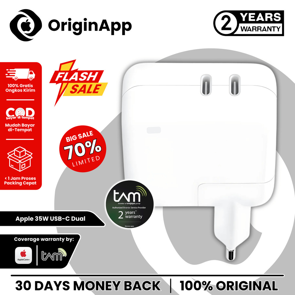 35W DUAL USB-C Power Adapter Charge iPhone Garansi Resmi TAM 2 Tahun Original 100% iP 15 14 13 12 11