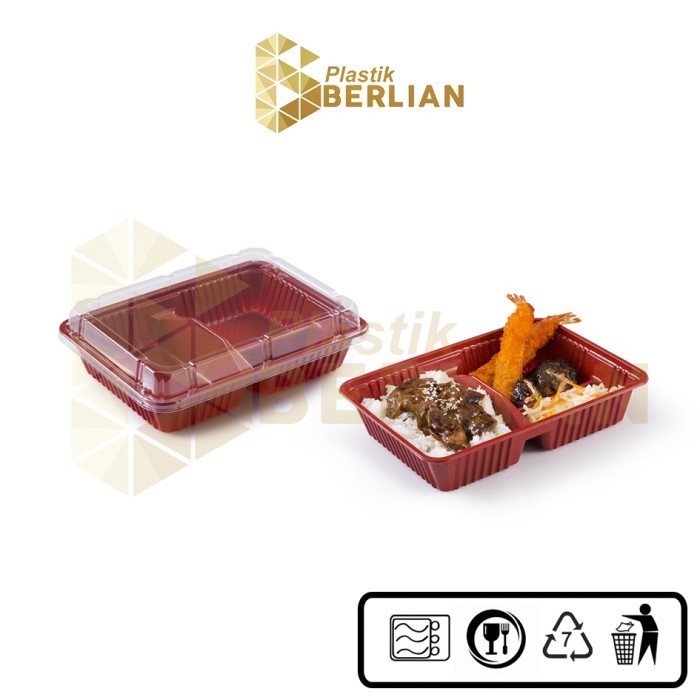 Tray Mika Bento 2 Sekat Merah + Tutup Isi 100Pcs - Lbhx-02A Terjamin