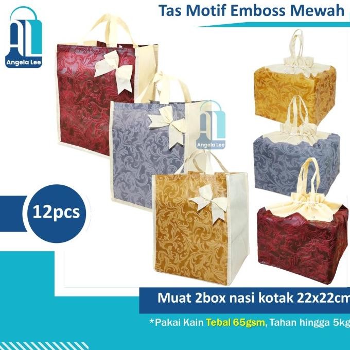 Ready 12pcs Tas Kain Emboss Serut Pita Motif Mewah Berkatan Hajatan 22x22cm