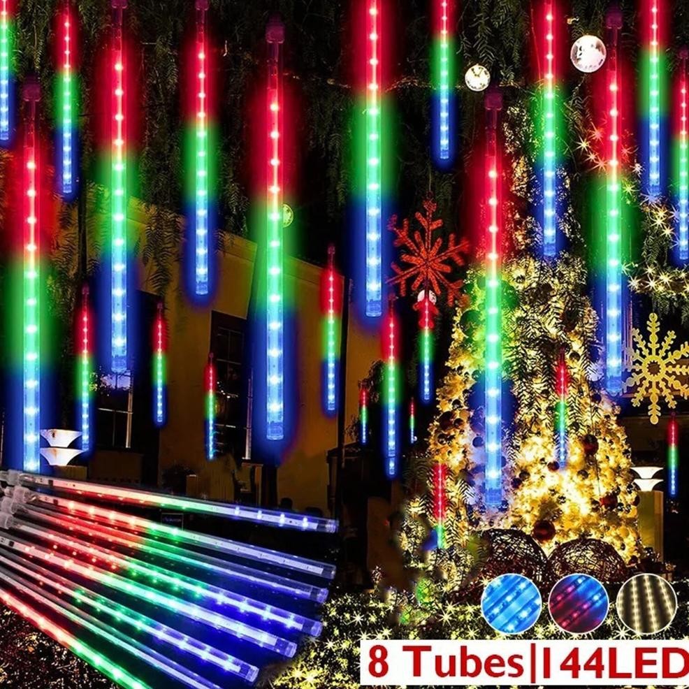 theo lampu meteor led hujan isi 8 / 10 batang lampu tirai air terjun led rain snow rainbow warm whit
