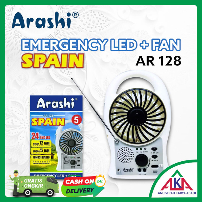 Fakhirishope Kipas Angin Lampu Emergency Led Arashi Spain Ar-128 Fan Radio Portable Rechargeable