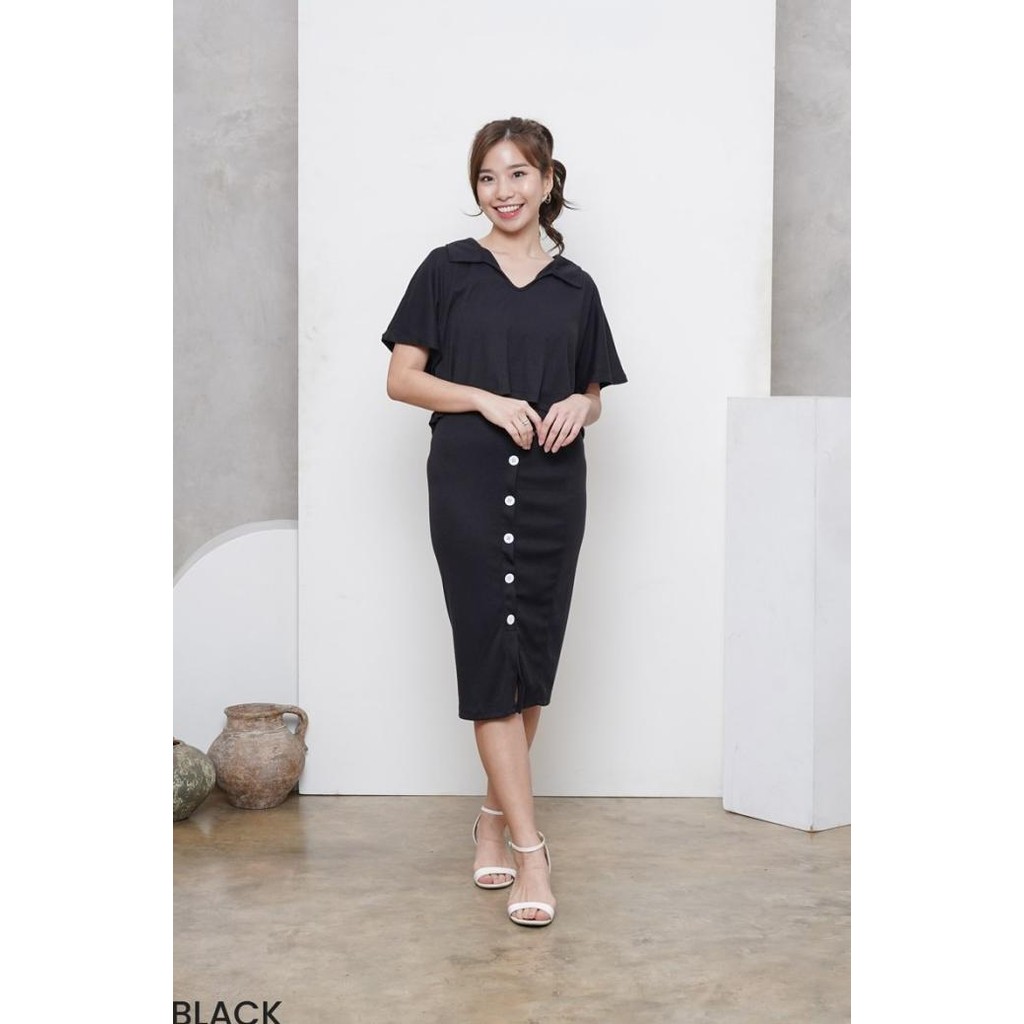 JH Setelan Rok Wanita One Set Knit Rajut Osaka Rib Texture Lengan Pendek