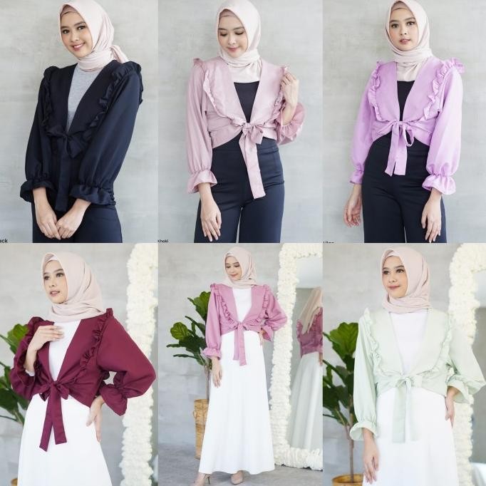 JH Outer Ruffle Taylor Cardigan Wanita Kekinian Crop Tali Ikat Depan