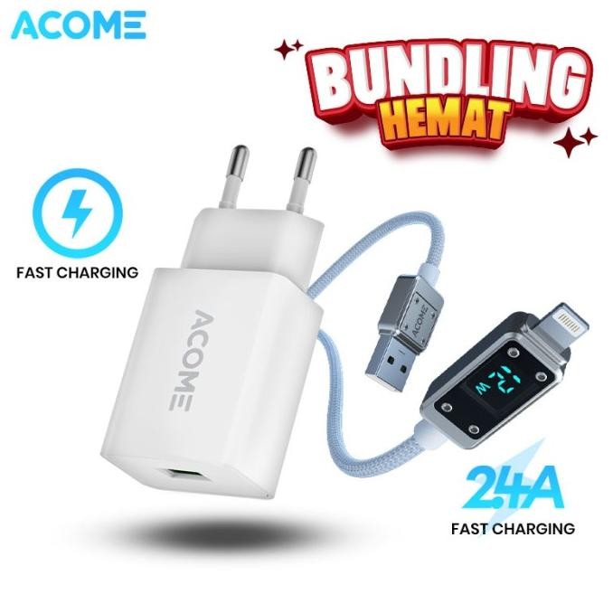 ori - acome bundling hemat charger ac14 + kabel data ail100 fast charging