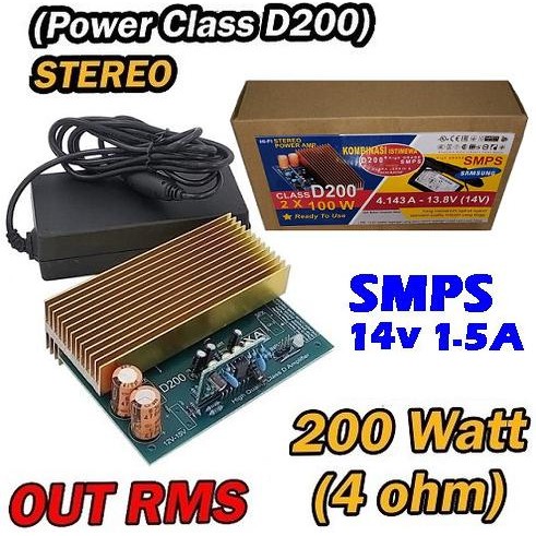 %%%%] KIT POWER AMPLIFIER STEREO CLASS-D 2x100W D200 200W AMPLI 200WATT + ADAPTOR PSU SMPS 14V