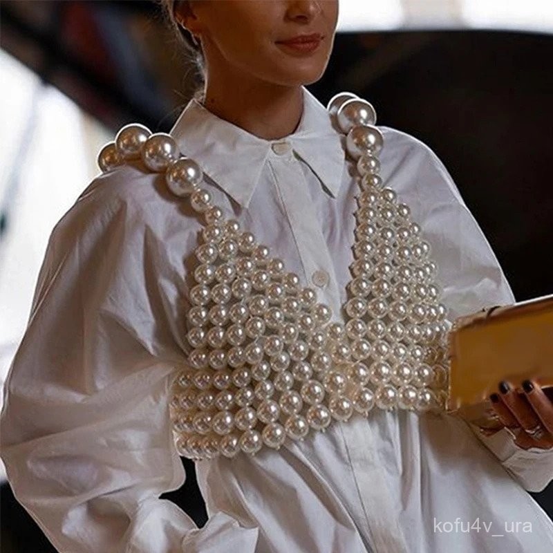 Sexy Fashion Pearls Straps Crop Tops For Women Backless Deep V Neck Camisole Elegant Ladies White Sl
