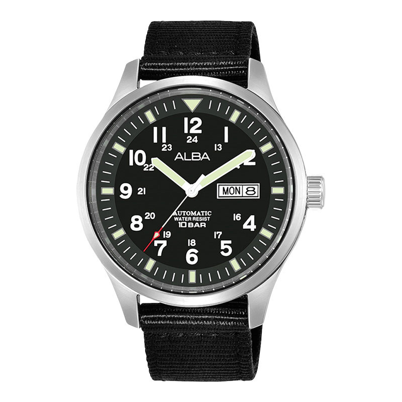 Jam Tangan Pria Alba Mechanical Field Military AL4223X1 Men Black Dial Black Nylon Strap