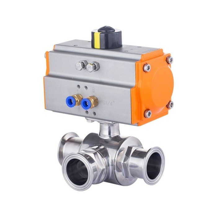 Stainless Steel 304 316 T Type L Type O.D 89mm Pneumatic Sanitary Three-way Clamp Type Ball Valve Qu