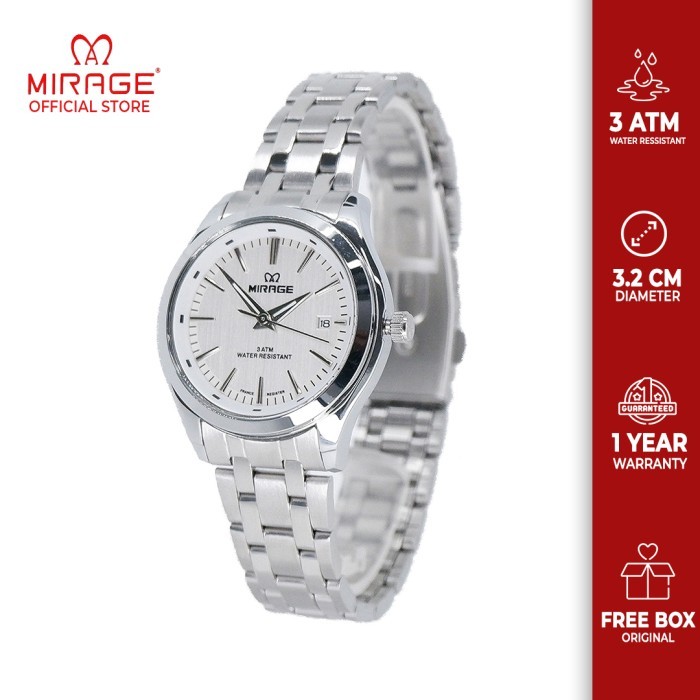 MIRAGE JAM TANGAN WANITA FORMAL ELEGANT SILVER TANGGAL AKTIF 8754L ORI