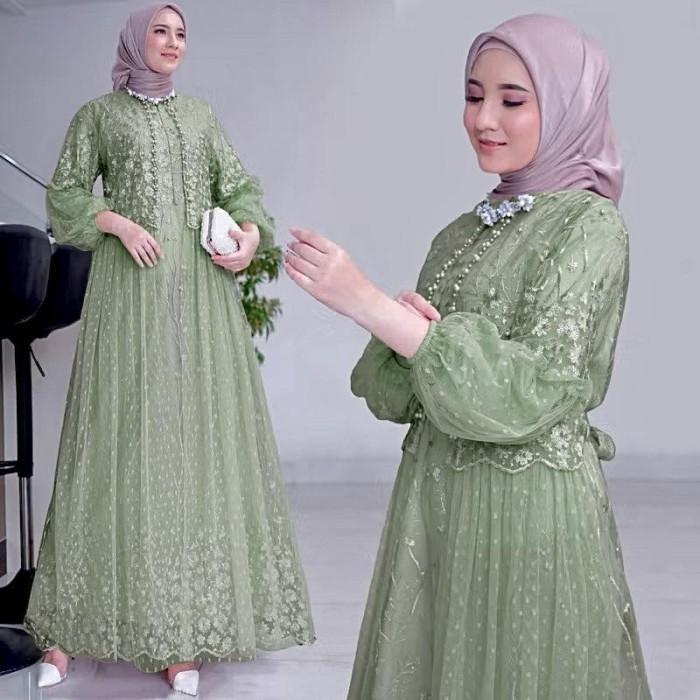 Gamis Felika Pesta Dress Brukat Tile Dot Ld 90 100 110 120 130 Jumbo Biru Denim Ps