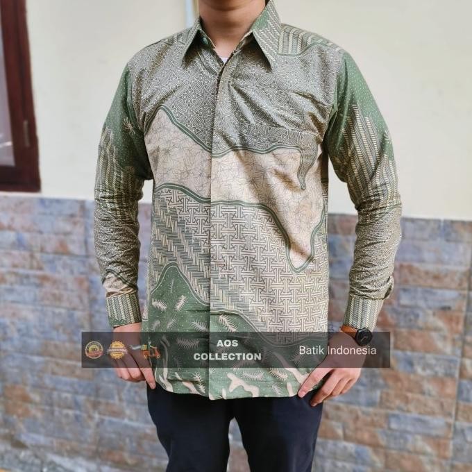 Baru  Kemeja Batik Pria Sage Lapis Furing Lengan Panjang Batik Cowok Ekslusive Hijau Sage