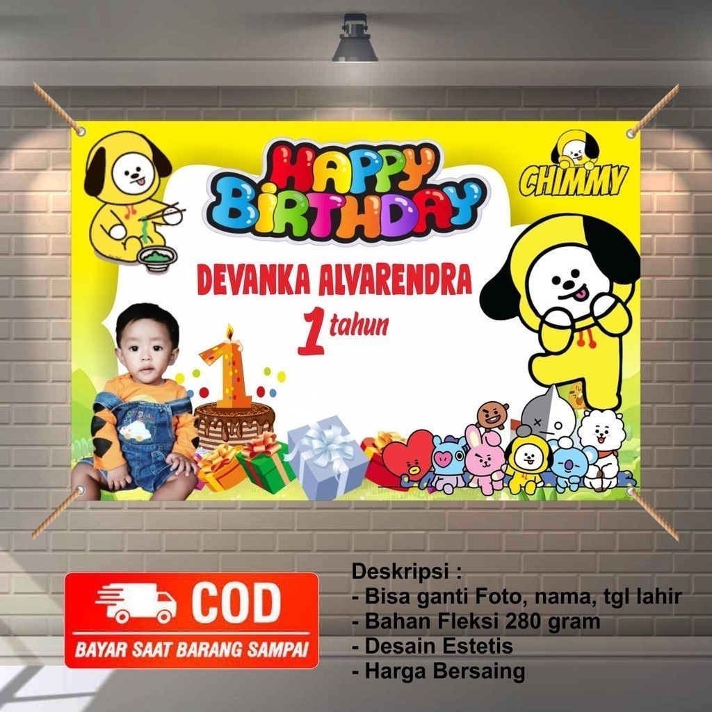 Spanduk Ulang Tahun Anak Chimmy BT21 120x80cm Bisa COD