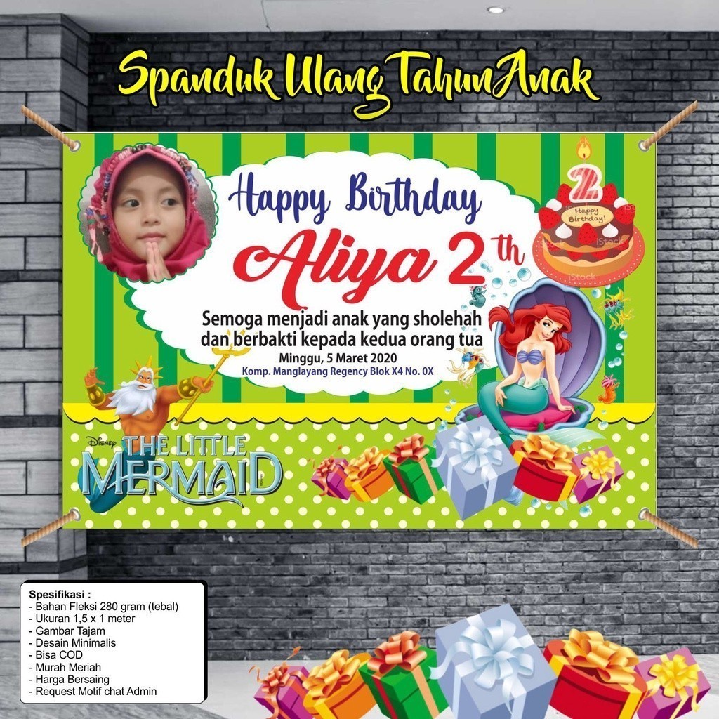 Spanduk Ulang Tahun Mermaid – Banner Mermaid Custom Lucu Anak 120x80cm