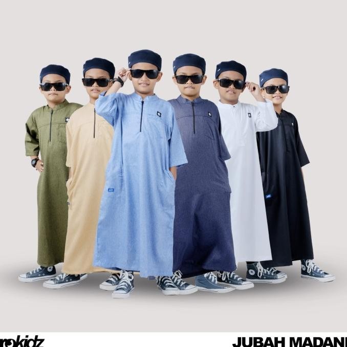 Jubah Madani ROKIDZ - Jubah gamis anak laki-laki al haramain, kerah koko, lengan 7/8, bahan madinah