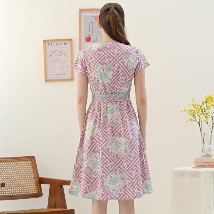 Dress Batik Wanita Motif Bunga / Baju Batik Kantor Warna Pastel - 303 WIK Lilac mrs03