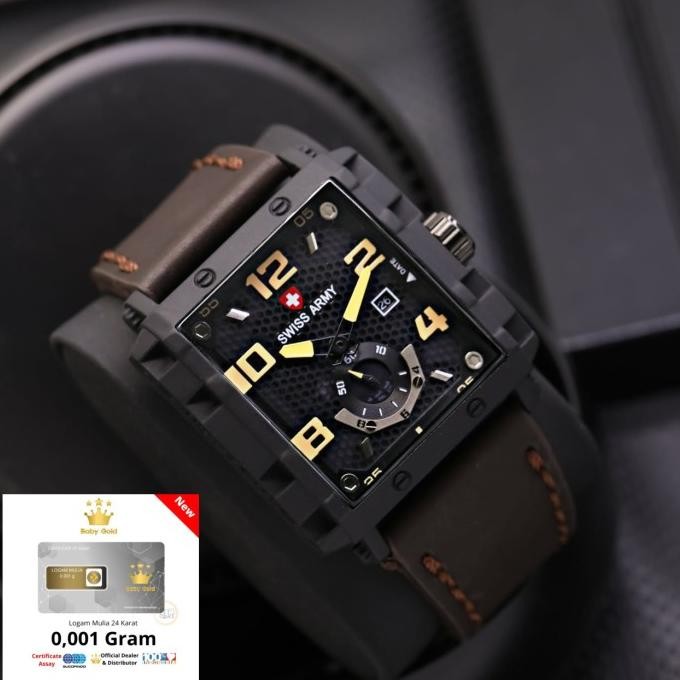 Jam tangan pria swiss army kotak kulit dapat logam mulia Terlaris