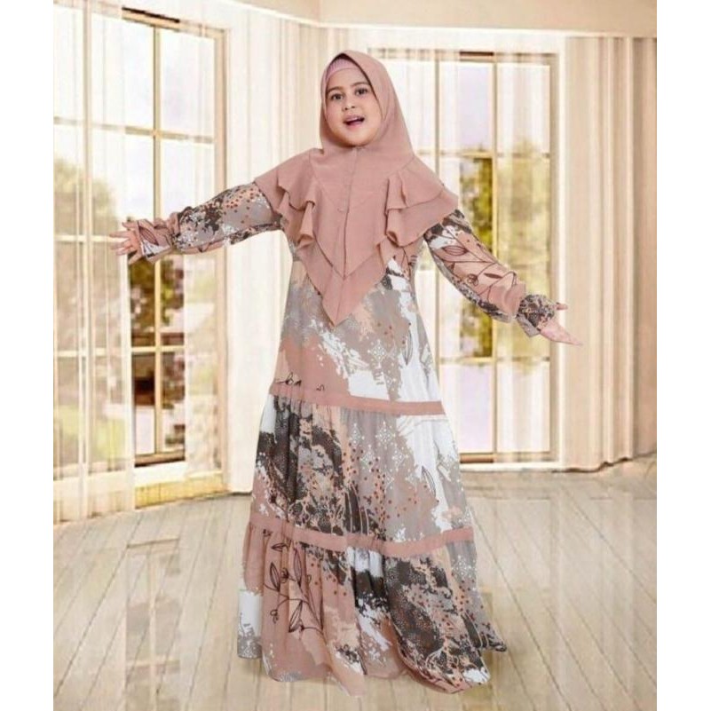Baju Muslim Anak Perempuan Umur 12 - 14 Thn Gamis Syari Bergo Abstrak