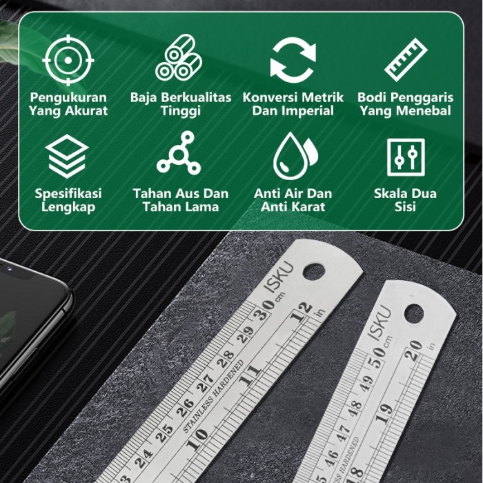 

ISKU Penggaris Besi 15/30/50/60/100cm Stainless Steel Ruler