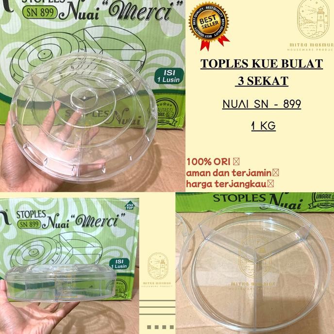 Toples Kue Kering Bulat 3 Sekat Nuai Sn-899 / Toples Lebaran @ 1 Lusin