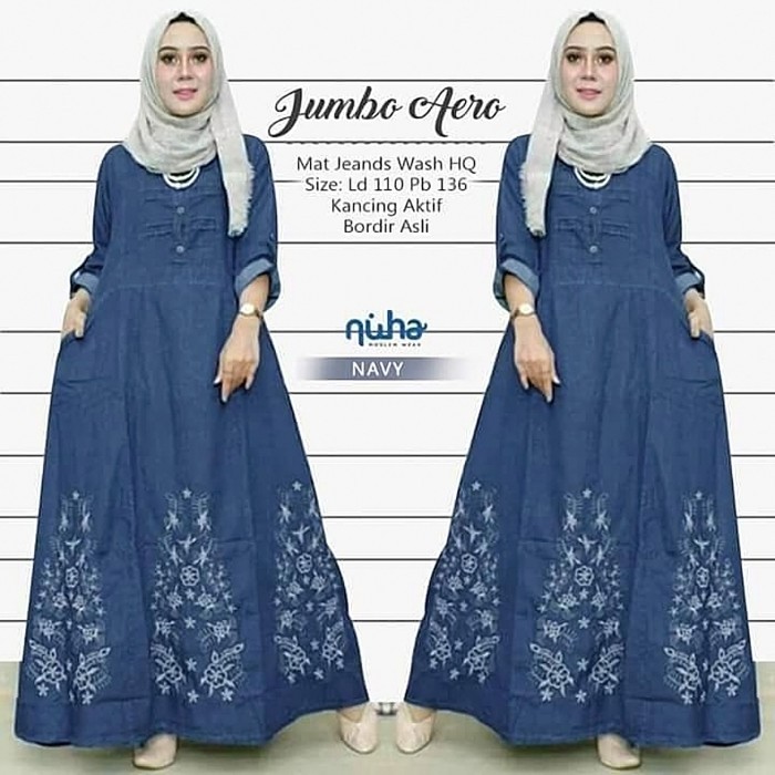 Gamis Syari Wanita Terbaru / Gamis Jeans Denim Bordir Jumbo