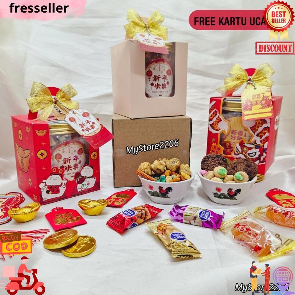 

(1 Jar) Hampers Parcel Chinese New Year Tahun Baru Imlek 2025 Permen, Jelly, Cokelat, Cookies Kue Kering Choco Chips, Gem Rose, Soes Chocolate Isi 1 Jar 600Ml / Hampers Chinese New Year D Termurah