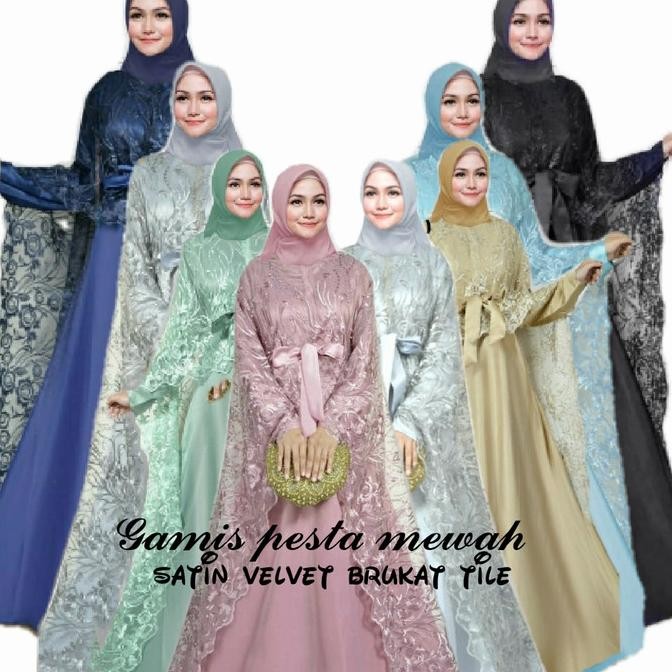 Murah Arelina Hitam Gamis Pesta Premium Satin Brokat Tile Ami Ktf