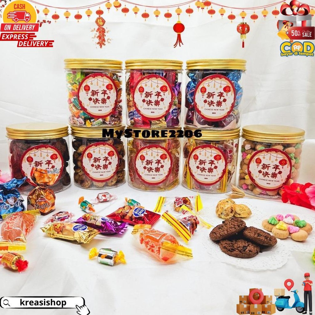 

(3 Jar) Hampers Parcel Chinese New Year Tahun Baru Imlek 2025 Permen, Jelly, Cokelat, Cookies Kue Kering Choco Chips, Gem Rose, Soes Chocolate Isi 3 Jar 600Ml / Hampers Chinese New Year D Cod