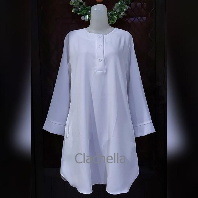 Promo Clachella Baju Tunik Putih Motif Polos, Baju Atasan Wanita Kasual