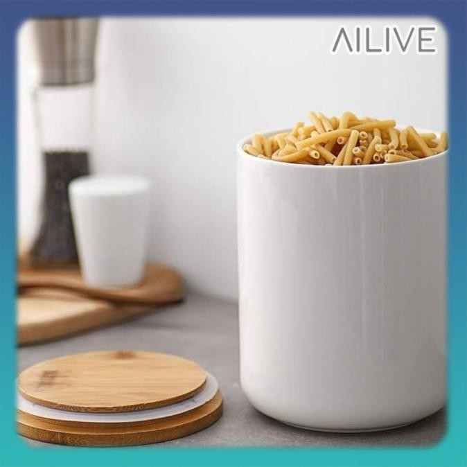 Hot Promo Toples Keramik Polos Putih Tutup Kayu 800Ml Wadah Gula Toples Kue Lebaran Aesthetic Kedap 