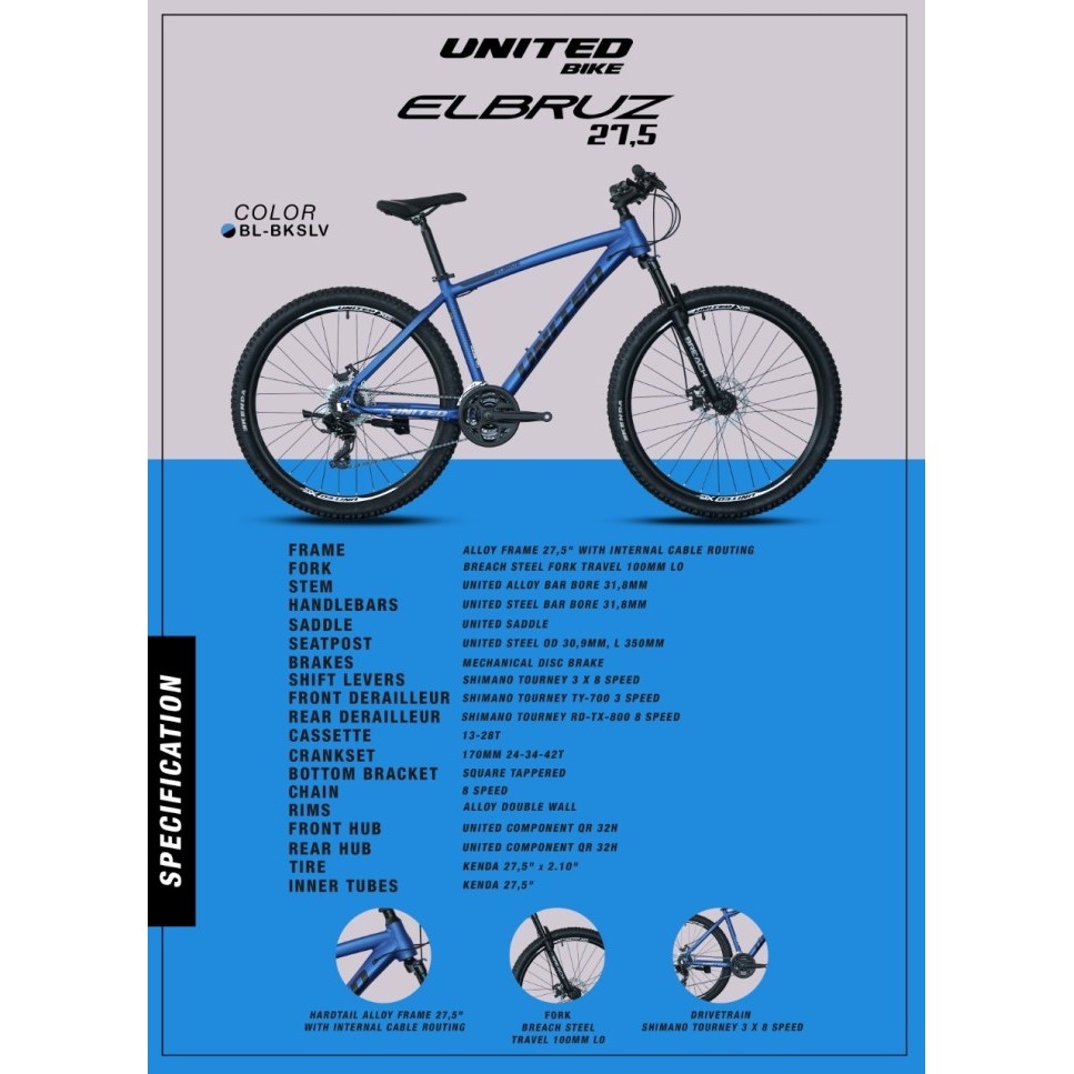 Sepeda Gunung MTB 27.5 Elbruz Frame Alloy 24 Speed by United Bike