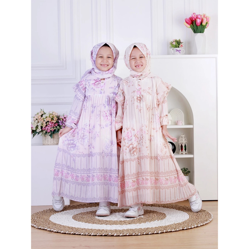 GAMIS ANAK PEREMPUAN - Dungdungkids Gamis Anak Vanesha Ceruty Motif Bunga Plisket Free Jilbab Segi E