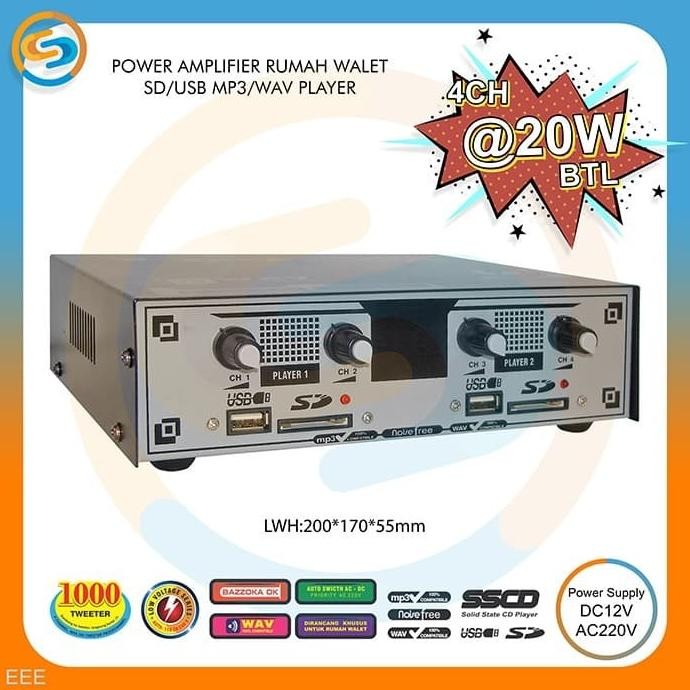POWER AMPLIFIER RUMAH WALET 4 CH SD USB MP3 WAV PLAYER EEE