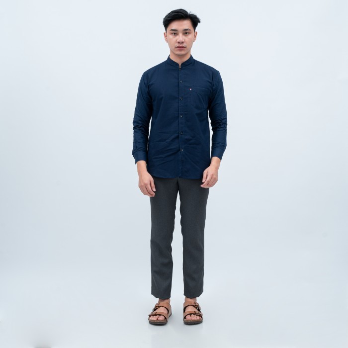 Murah Houseofcuff Kemeja Koko Lengan Panjang Pria Biru Dongker Non COD