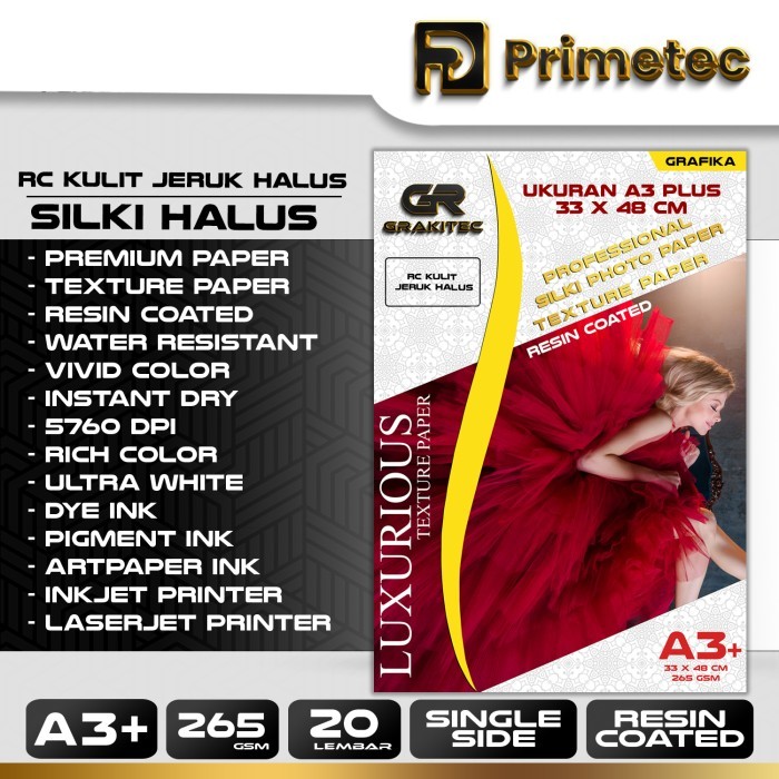 

Kertas Foto Silki RC Photo Paper 265GSM A3 & A3+ Isi 20 L Glossy Jeruk Kasar Halus Canvas Primetec