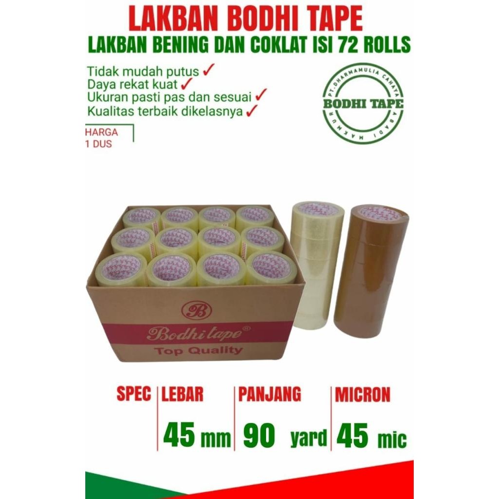 

LAKBAN BENING/COKLAT BODHI TAPE UKURAN 45MM X 90YARD 1 DUS ASLI