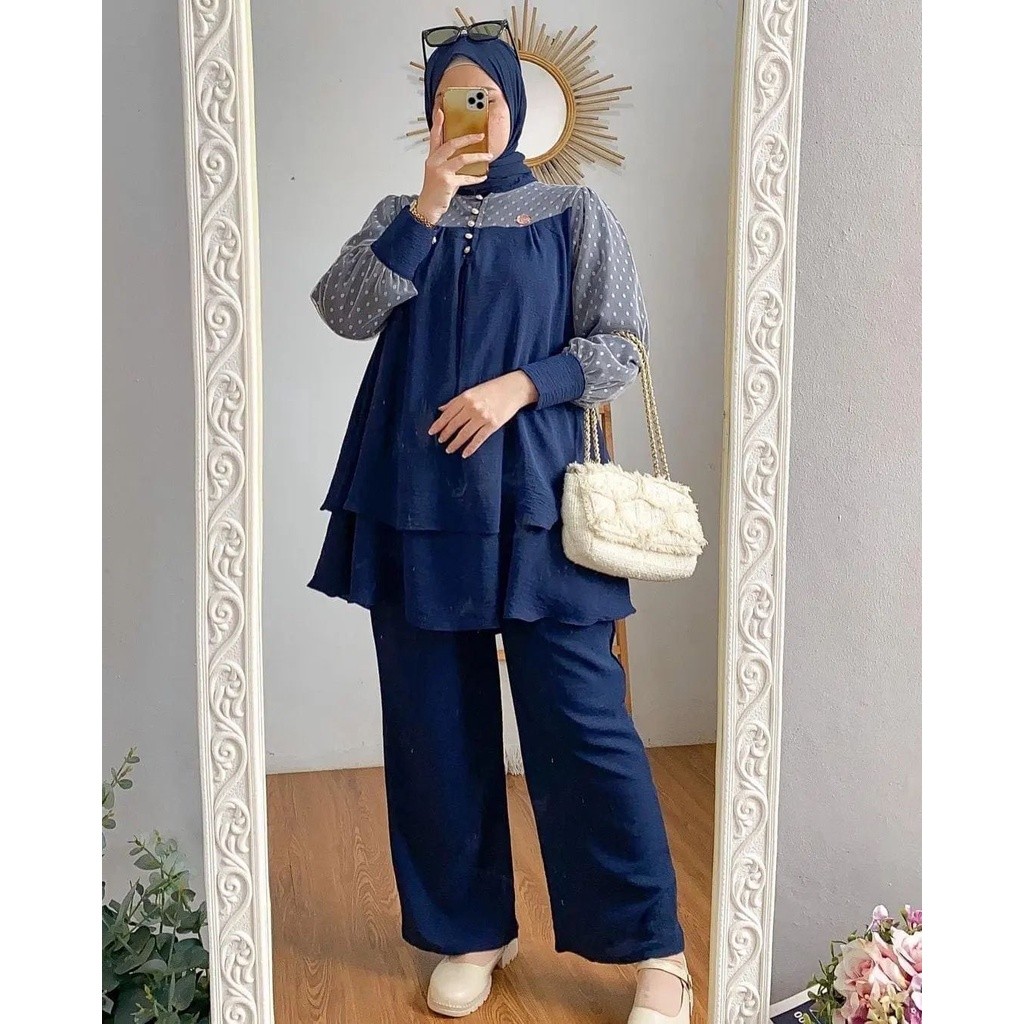 Baju Muslim Wanita Tunik Onset 2In1 Stelan Pakaian Muslim Hari Raya Atasan Bawahan Baju Lebaran Pere