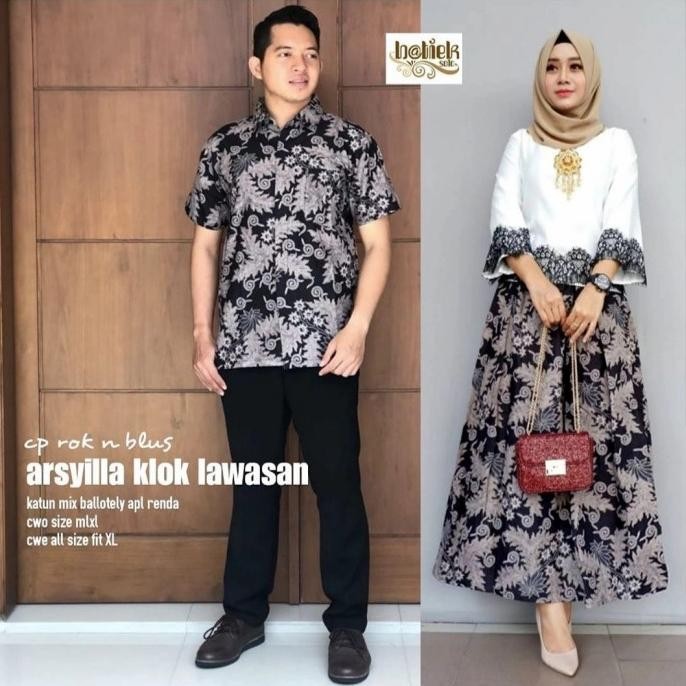 || Best seller  ~`~ Kemeja Batik Couple Gamis Sarimbit Batik Setelan Blouse Rok - Abu abu ||~~~