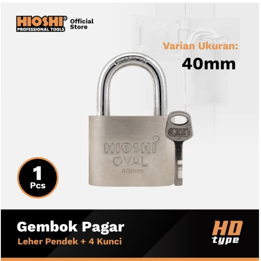 HIOSHI Gembok Oval Pagar Satin Leher Pendek 30mm (Kunci 4Pcs) Hd