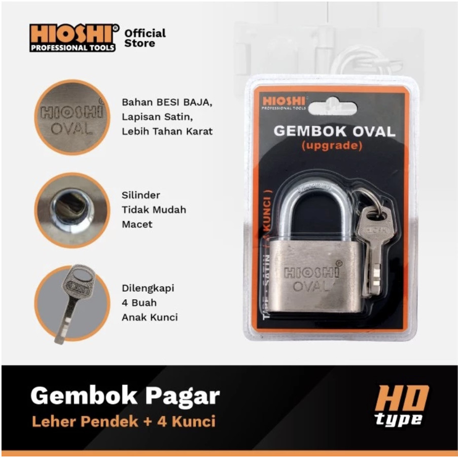 HIOSHI Gembok Oval Pagar Satin Leher Pendek 30mm (Kunci 4Pcs) Hd
