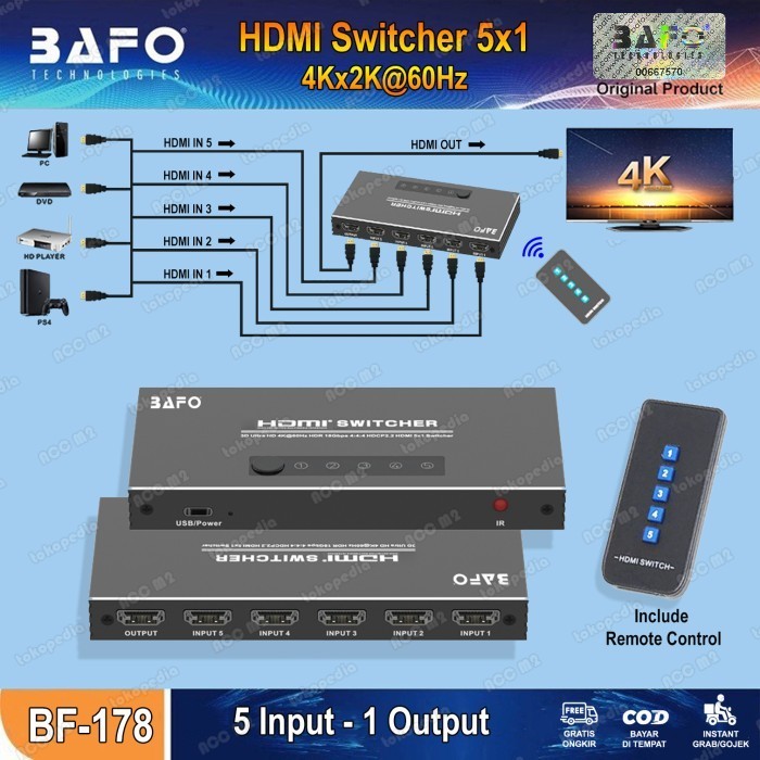 BAFO HDMI Switcher 5 IN 1 OUT 4K Switch HDMI 2.0 ORIGINAL BAFO BF-178