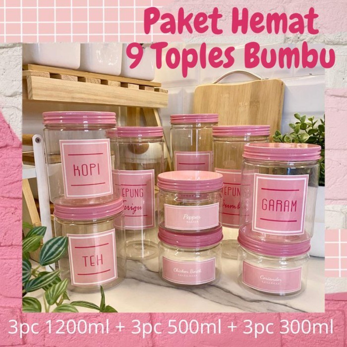 

STOK TERBATAS Anischa Paket Hemat 9 Toples Bumbu Dapur Tutup Pink Alumunium Free