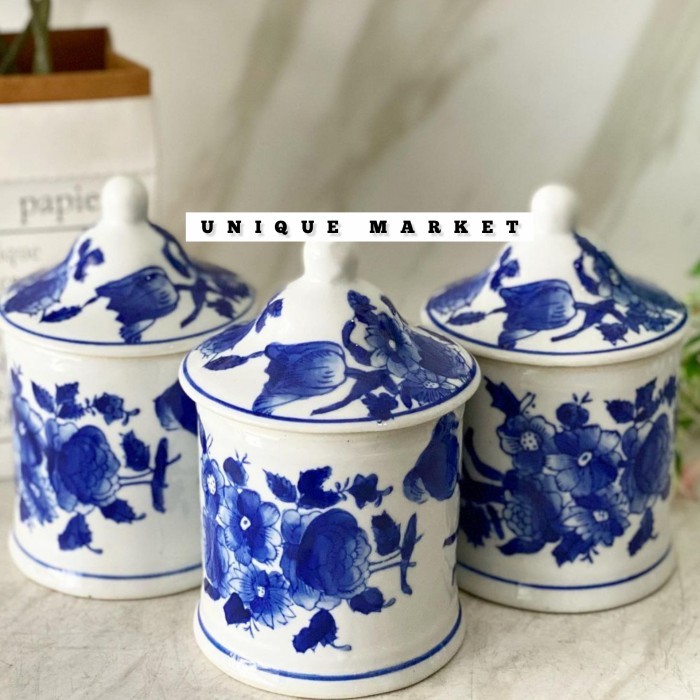 

TERUJI Tempat Garam Keramik Biru Putih motif bunga/ Tempat Bumbu keramik