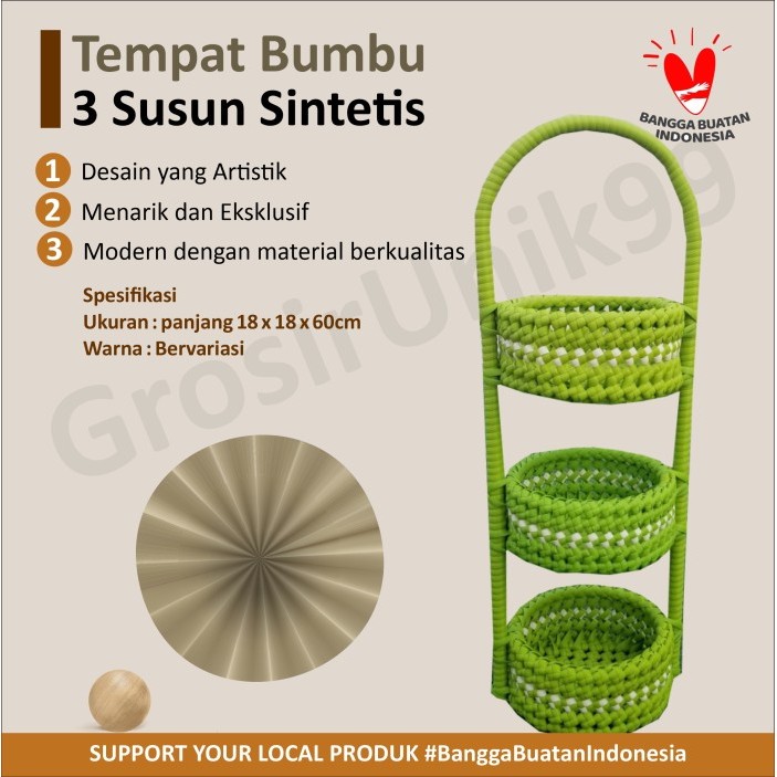 

TERJAMIN Kerajinan Tangan Rotan - Tempat Bumbu 3 Susun Sintetis - 18x18x60cm