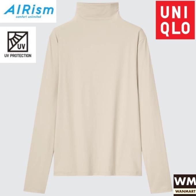 HRG DISKON UNIQLO Women AIRism Kaos Manset Wanita UV Protection High Neck Natural